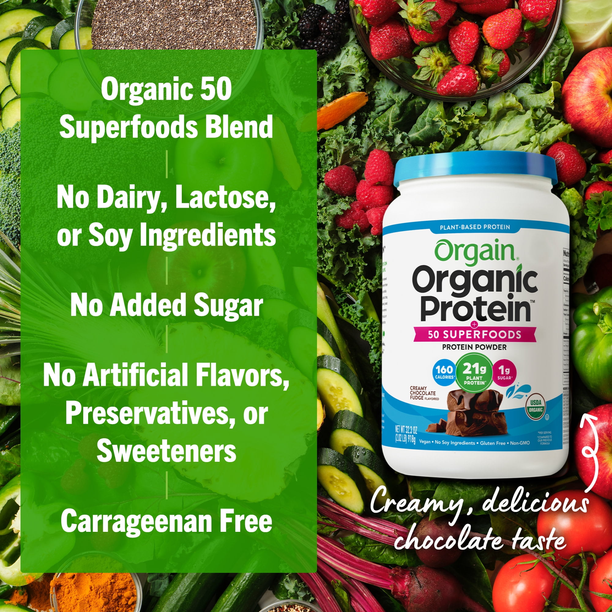 Orgain Organic Vegan 21g Protein + 50 Superfoods Powder, Plant Based Shake Drink, Chocolate 2.02lb