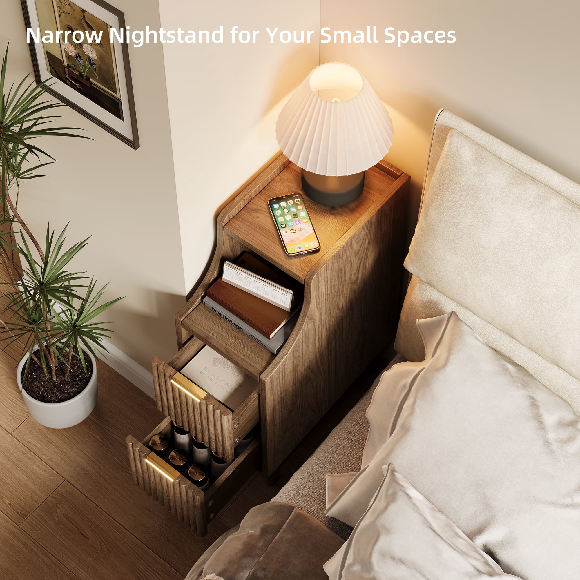 UGTOO Set of 2 Nightstands with 2 Drawers and Open Shelf, Mid-Century Modern Slim End Side Table for Bedroom and Living Room, Walnut Finish with Gold Accents