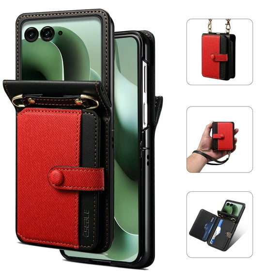 Dteck Crossbody Case for Motorola Razr Ultra 2025, PU Leather Strap Wristlet Flip Case Wallet with Card Holder for Moto Razr 60 Ultra 2025,Red