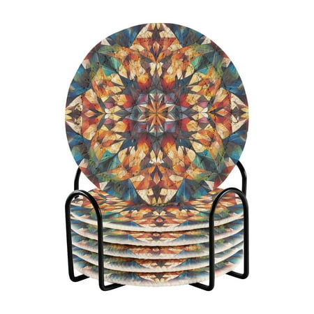 

6-Piece Premium Drink Coaster Set with Holder – Absorbent Cotton Woven Coasters for All Beverages Minimalist Home Decor & Table Protection. Multicolor Kaleidoscope Pattern