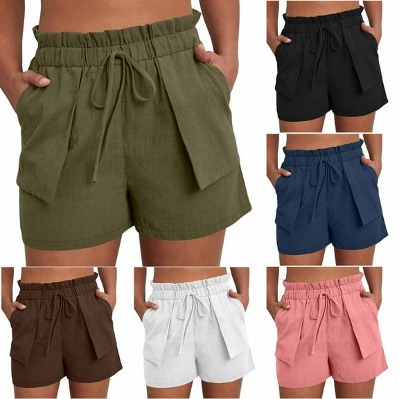 HomeDM Women's Shorts with Pockets Summer Beach Vacation Wide Leg Shorts Ruffle Elastic Waist Lounge Pants - Army Green/L