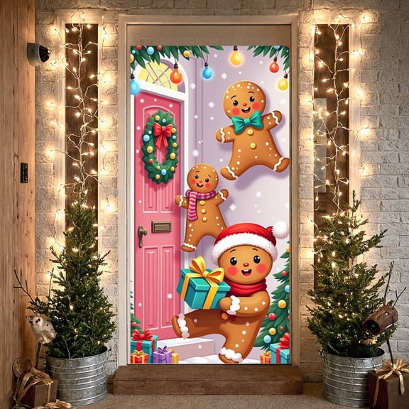 Gingerbread Themed Christmas Banner Colorful Lights Holiday Backdrop Snowflake Pattern Cartoon Xmas Background for Christmas Party Home Decoration Holiday Gathering