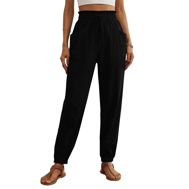 Pantalones de cintura elástica para las mujeres Color sólido empaquetado pies cordón longitud completa cónico Jogger bolsillos pantalones verde oliva mujeres