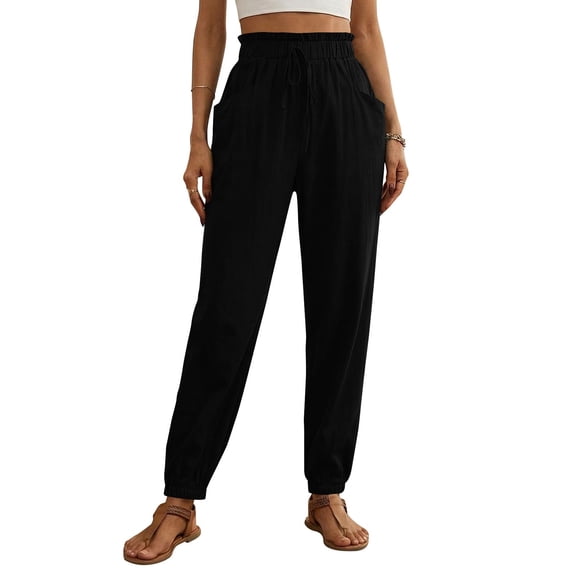 LYEAA Linen Joggers for Women Summer Elastic Waist Drawstring Loose Pant Solid Casual Trousers with Pockets