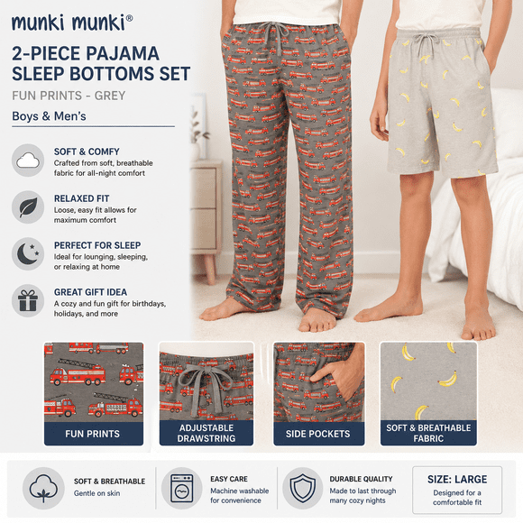 Munki Munki Pyjama Garçons et Hommes Ensemble de Bas de Pyjama 2 Pcs avec Imprimés Amusants - Gris (Moyen)