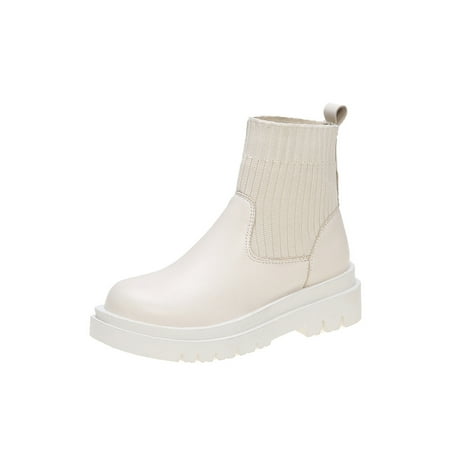 

UKAP Ladies Breathable Winter Shoes Winter Warm Anti Slip Ankle Boots Office Round Toe Chelsea Boot Beige 5.5