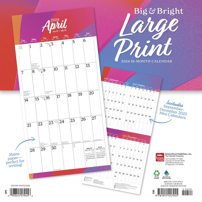 Big & Bright Large Print | 2024 12x24" (Hanging) Wall Calendar | Matte |  BrownTrout - Walmart.com