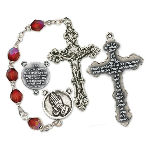 Women's Our Father Prayer Medium Ruby Catholic Rosary Beads, Aurora Borealis beads