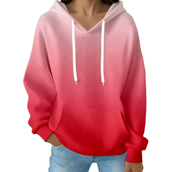 Fiaer Women's Hoodies Oversized Gradient V Neck Long Sleeve Hooded Sweatshirts Drawstring Loose Fit Trendy Pocket Tops Watermelon Red L