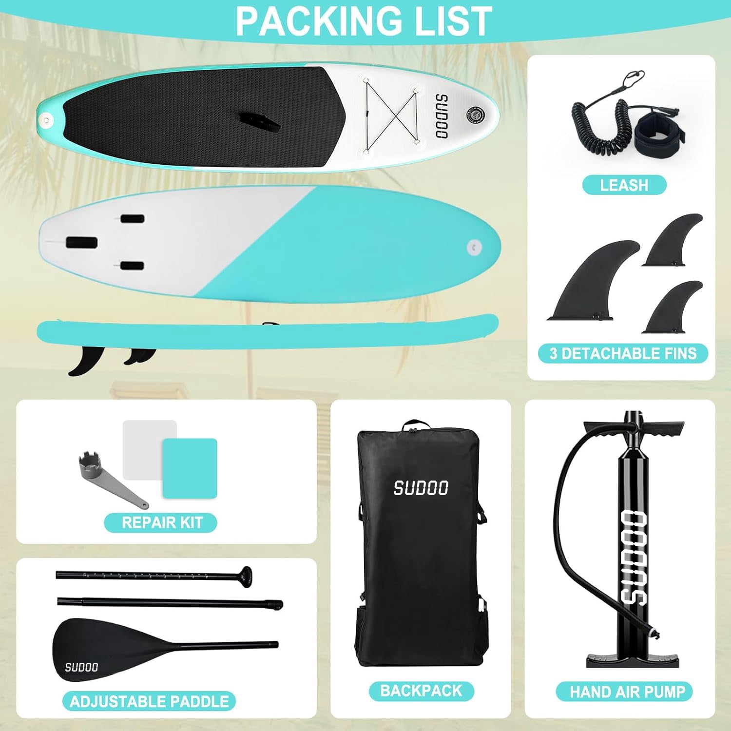 SUDOO Inflatable Stand Up Paddle Board 10‘x30‘‘, Ultra-Light SUP Board with Backpack, Pump, Paddle, Coil Leash, 3 Fins, Repair Kit, Stable SUP with Non-Slip EVA Deck for Adults & Youth