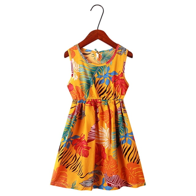 JDQJBZ Robe de Fête d'Anniversaire pour Filles Tout-Petits Imprimé Feuille de Bananier Sans Manches Col Rond Cami Robe d'Été