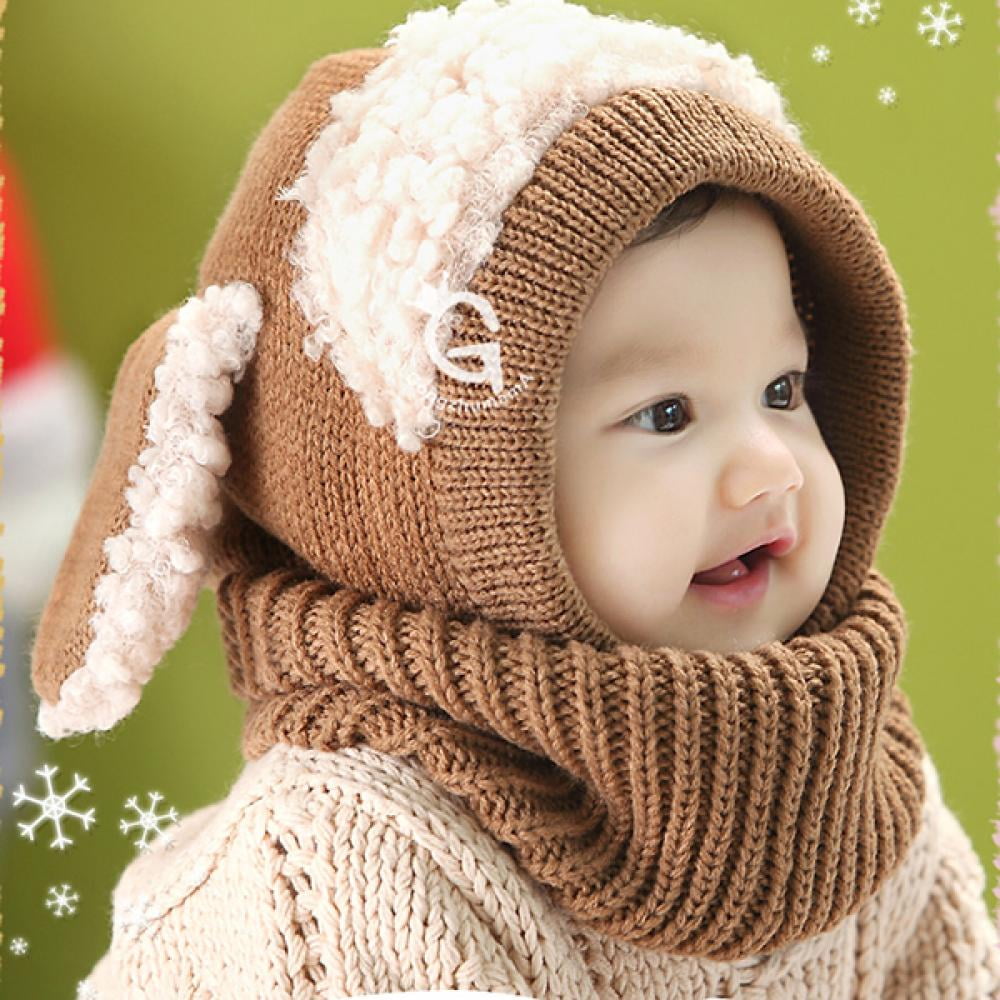 New Winter Baby Kids Girls Boys Cute Ears Woolen Warm Coif Hood Scarf Caps Hats 