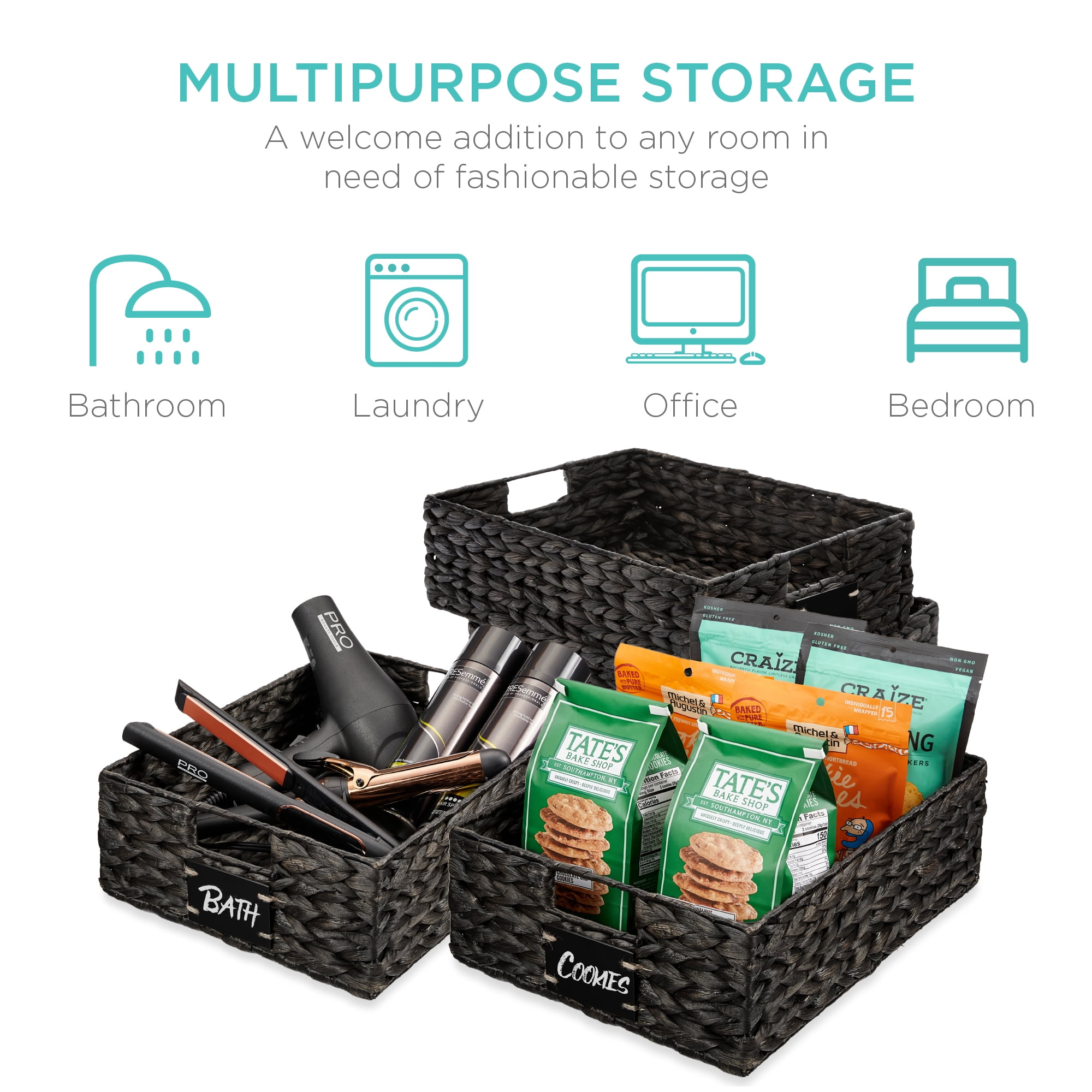 Best Choice Products Set of 4 16x12in Woven Water Hyacinth Pantry Baskets w/ Chalkboard Label, Chalk Marker - Black