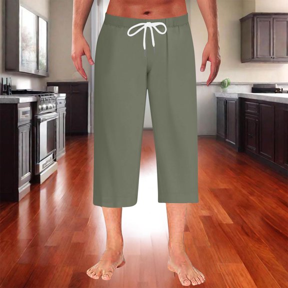 DayScoop Mens Pants Summer Trousers Fashion Casual Solid Color Home Sleepwear Thin Straight Leg Elastic Waist Drawstring Pocket Capri Pants