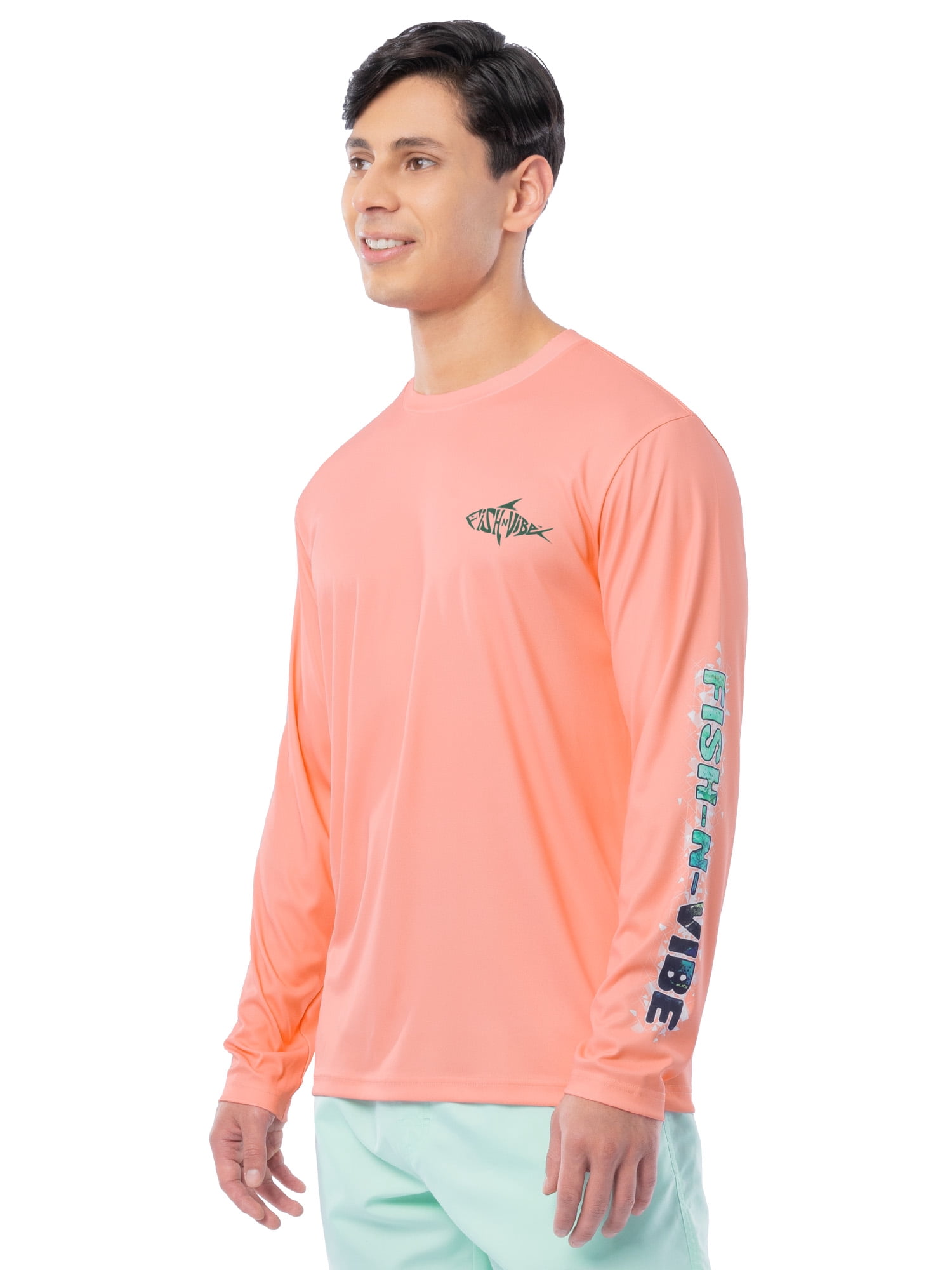 Fish N Vibe Men's Long Sleeve Performance UPF 30 Fishing Graphic Tee, Desert Pink, Size L