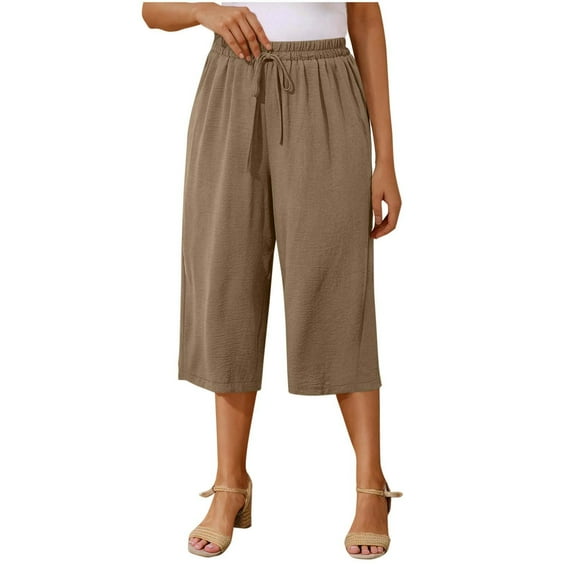 Summer Linen Capri Pants for Women Drawstring Elastic Waist High Waisted Capris Baggy Stretchy Wide Leg Cotton Capri Business Casual Sweat-Pant Dressy Work Trousers with Pockets