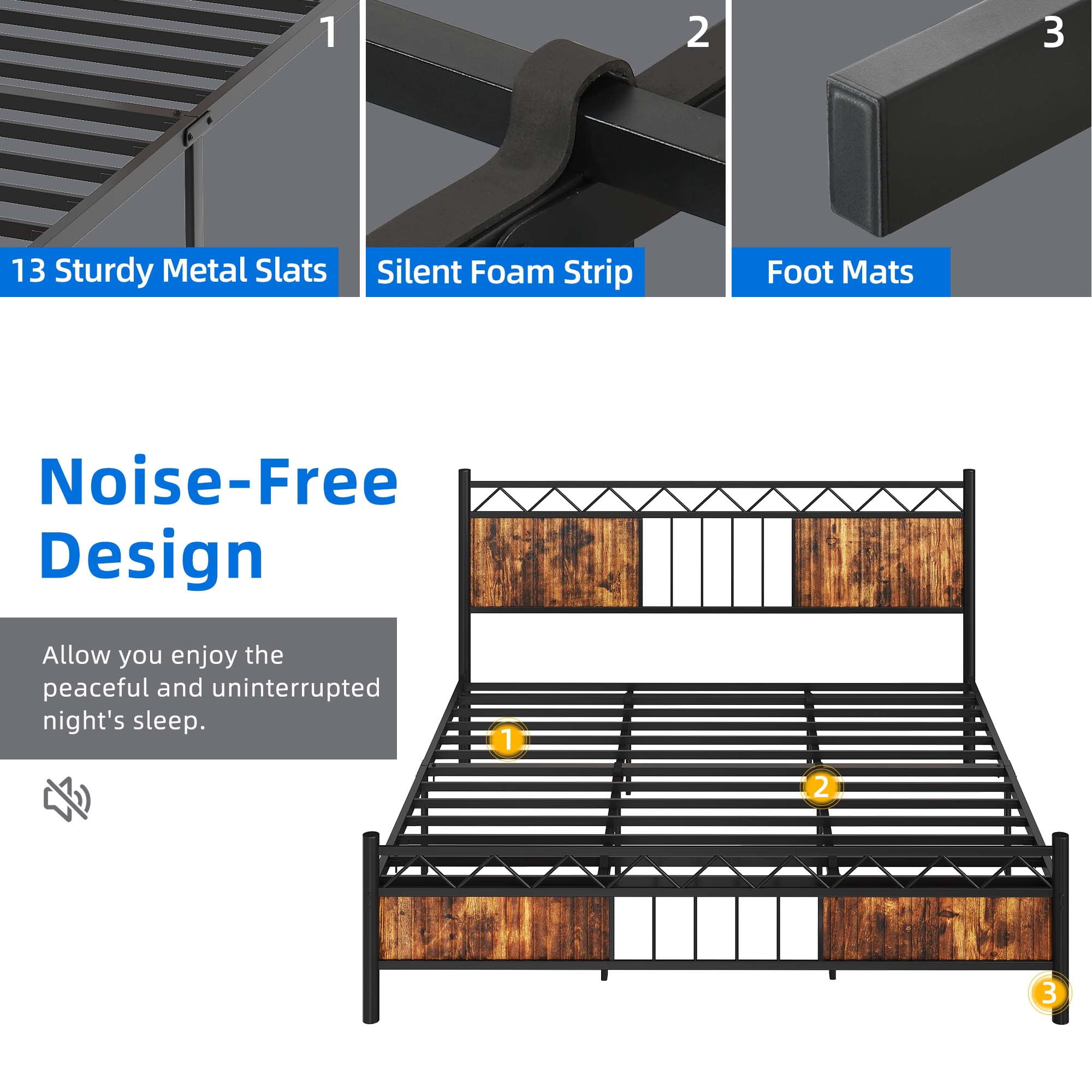 DEXTRUS King Size Platform Metal Bed Frame with Headboard & Soundproof Cotton, Black & Brown