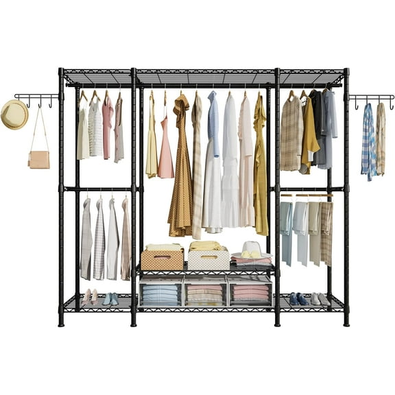 E3 Heavy Duty Garment Rack, 4 Tiers Freestanding Closet Organizer System with 5 Shelves, Metal Closet Organizer and Storage System for Clothes, Max Load 650lbs, 57.1"W x 14.5"D x 77.3"H, Black