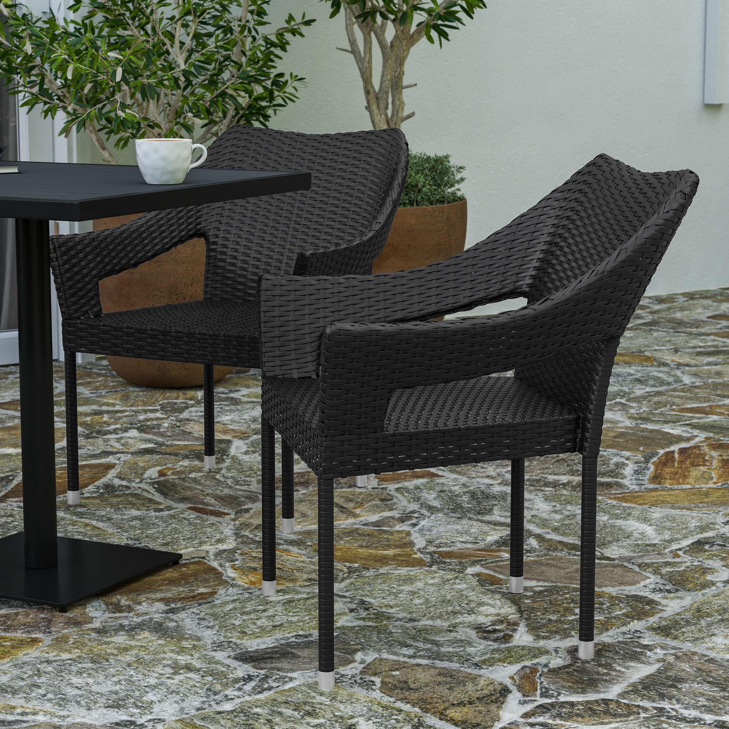 Merrick Lane Weather Resistant Indoor/Outdoor Stacking Patio Dining Chair with Steel Frame and PE Rattan - Black