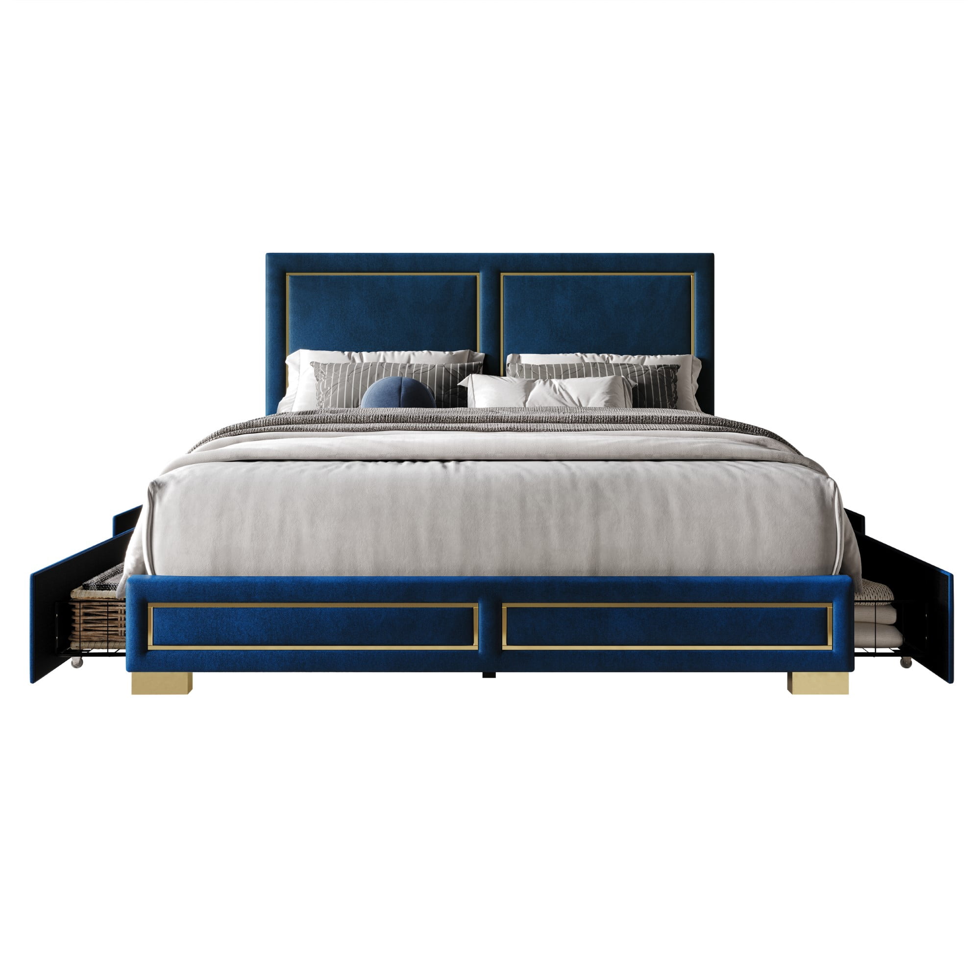 Home Design Jasper Full Upholstered Storage Platform Bed Frame with Gold Aluminum Trim and Four Under-Drawers, Blue, Easy Assembly