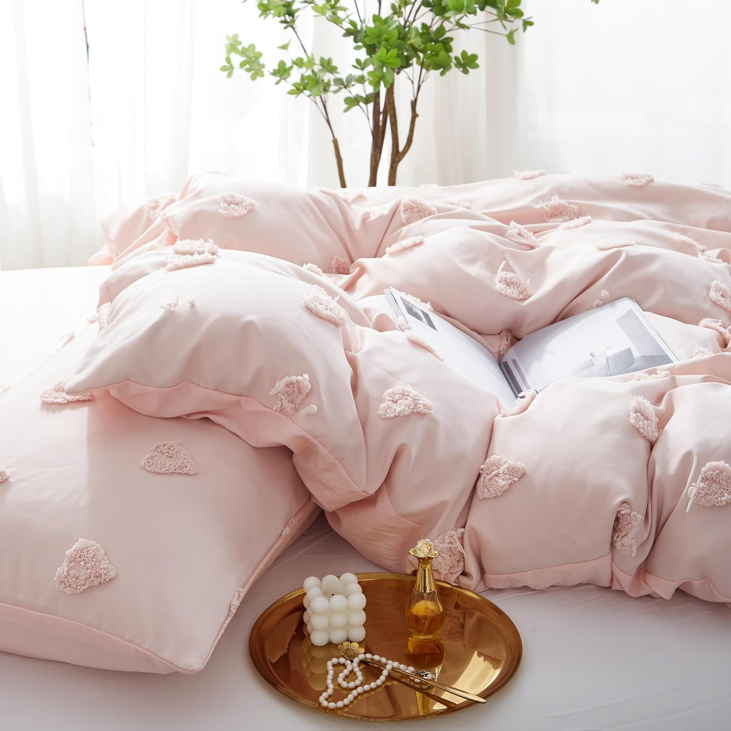 JOLUSERE Pink Tufted Heart Dot Duvet Cover Queen Set, 3 Pieces Ultra Soft Jacquard Embroidery Shabby Chic Bedding Set for All Season