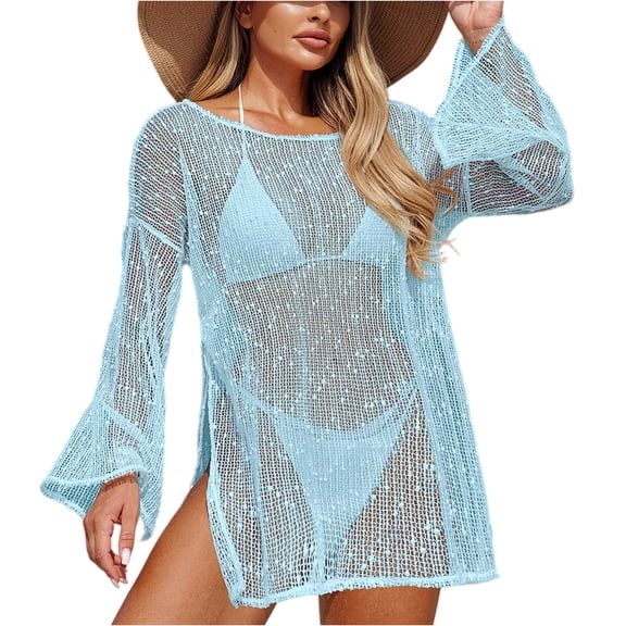 CIENVNSTG Long Sleeve Hollow Out Solid Crochet Knitted Tunic Beach Cover Up Cover-ups Beach Dress Female Beach Wear Beachwear Blue L