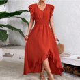 thumbnail image 2 of ClodeEU Womens Summer V Neck Ruff Sleeve Elastic Waist Dress, A Line Casual Loose Fit Maxi Dress Watermelon Red,Womens Plus M, 2 of 7