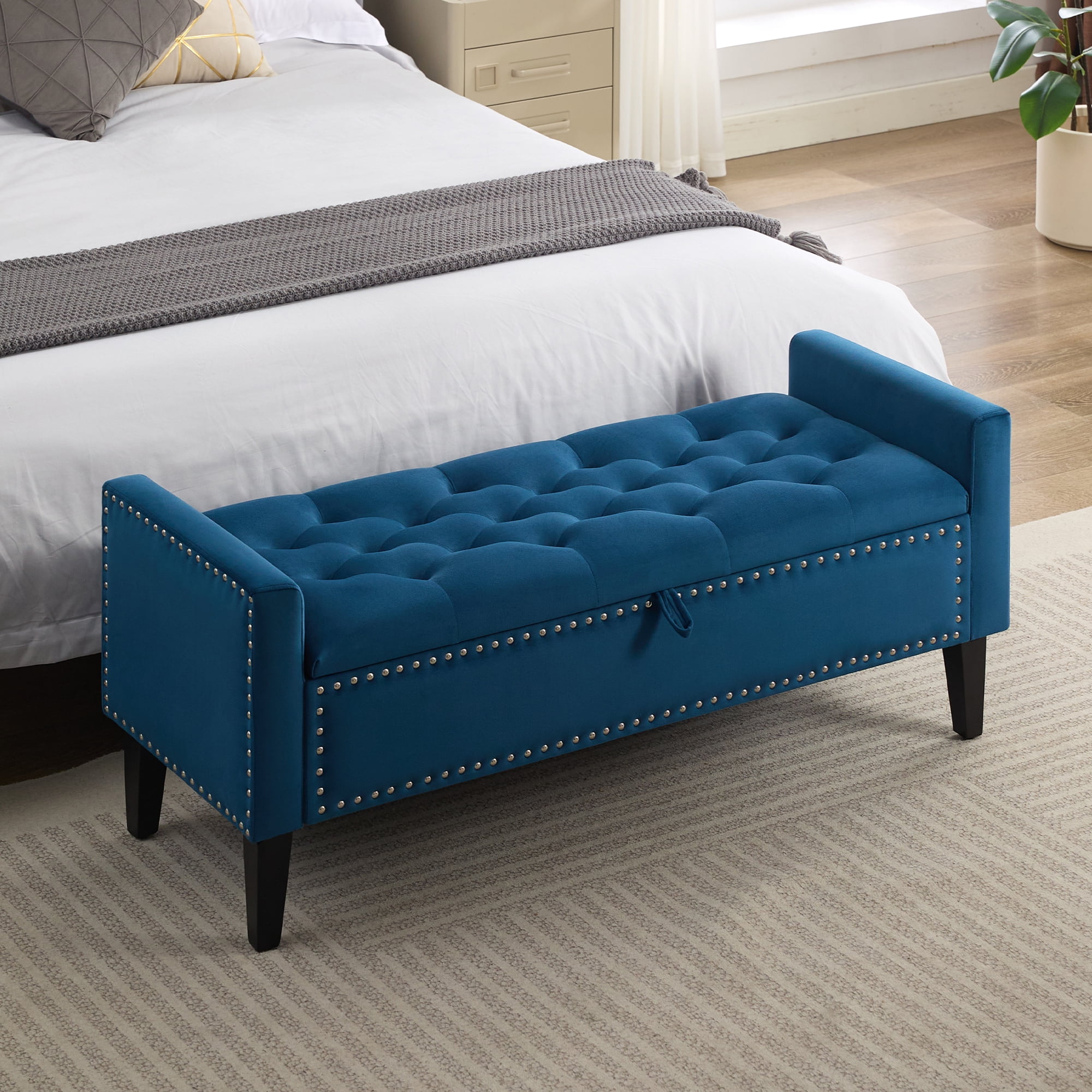 Velvet Storage Bench, Upholstered Bed Bench with Storage, End of Bed Ottoman with Wooden Legs,Bedside Storage Bench for Bedroom, Living Room, or Entryway, Blue