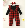 thumbnail image 2 of KIMI BEAR Infant Baby Girls Bodysuits 12-18 Months Fall Winter Clothes Round Neck Long Sleeves Romper Patchwork Plaid Jumpsuits with Headband 2pcs Red, 2 of 9