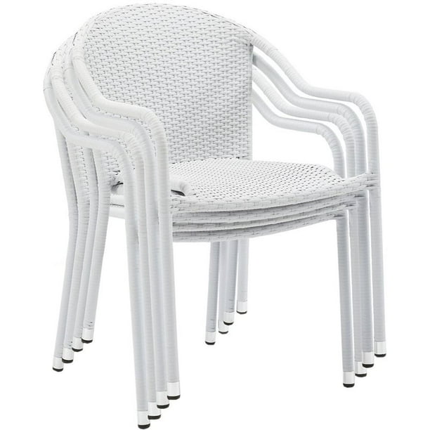 Pemberly Row Outdoor All Weather Wicker Resin Patio Stackable Chair in White (Set of 4 