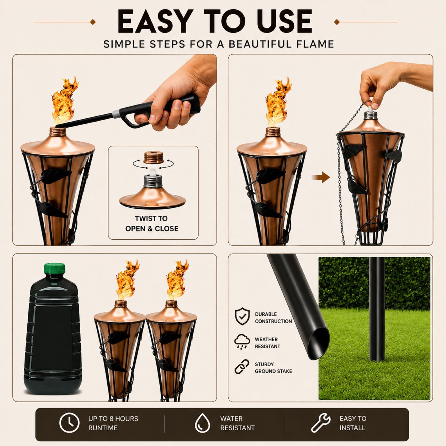 Matney Outdoor Metal Patio Torches with Fiberglass Wicks & Snuffer Caps, 8-Pack