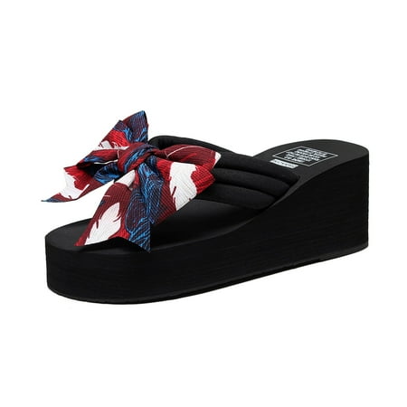 

QYZEU Comfy Sandals for Women Wedge Platform Slippers Fashion Bohemian Bowknot Decor Beach Slippers Outdoor Causal Breathable Lightweight Sandals Black 41