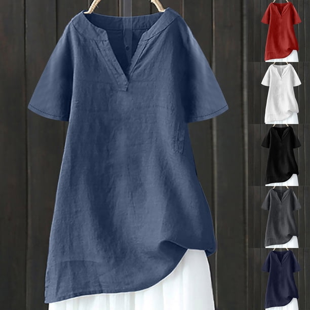 Blusas para mujer,Blusa informal de verano para mujer, con cuello en V, manga corta, mezcla de algodón y lino, ideal para el hogar, sopatenor