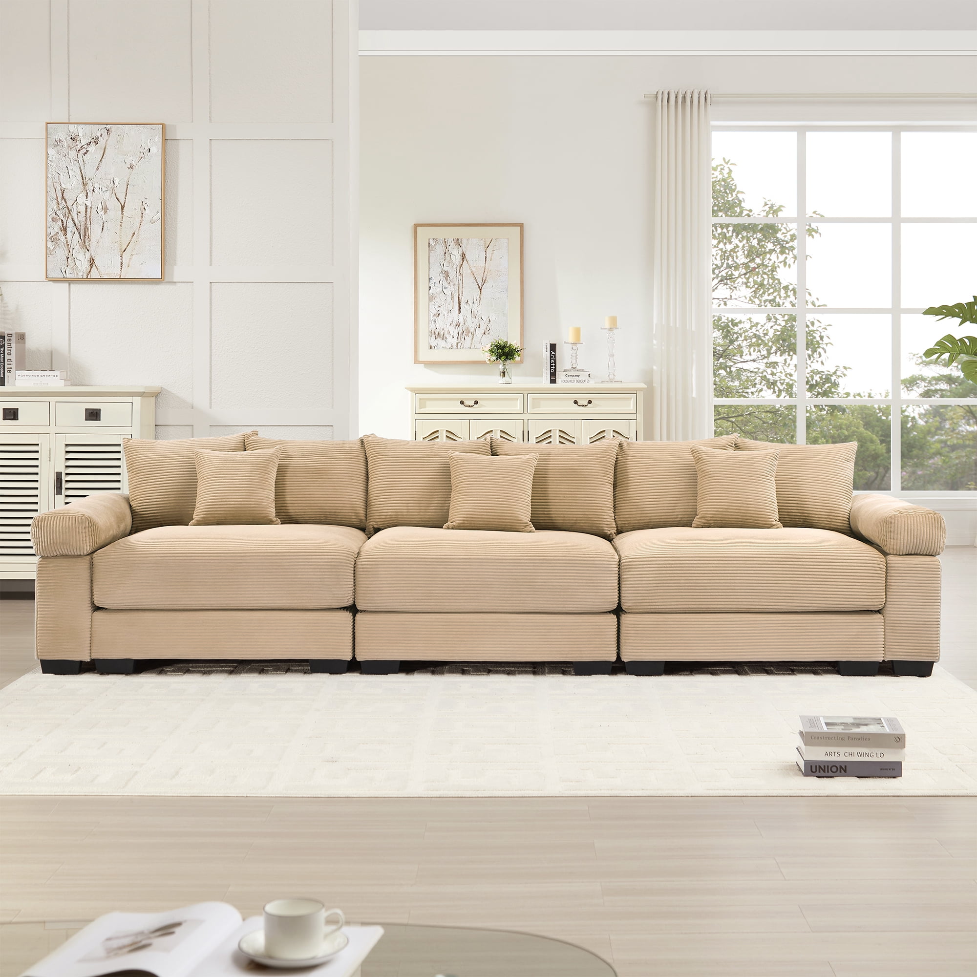 Anpport 130" Cloud Modular 3-Seater Camel Corduroy Sofa, Washable Removable Covers, Double-Layer Thick Cushions, Wide Armrest, Apartment