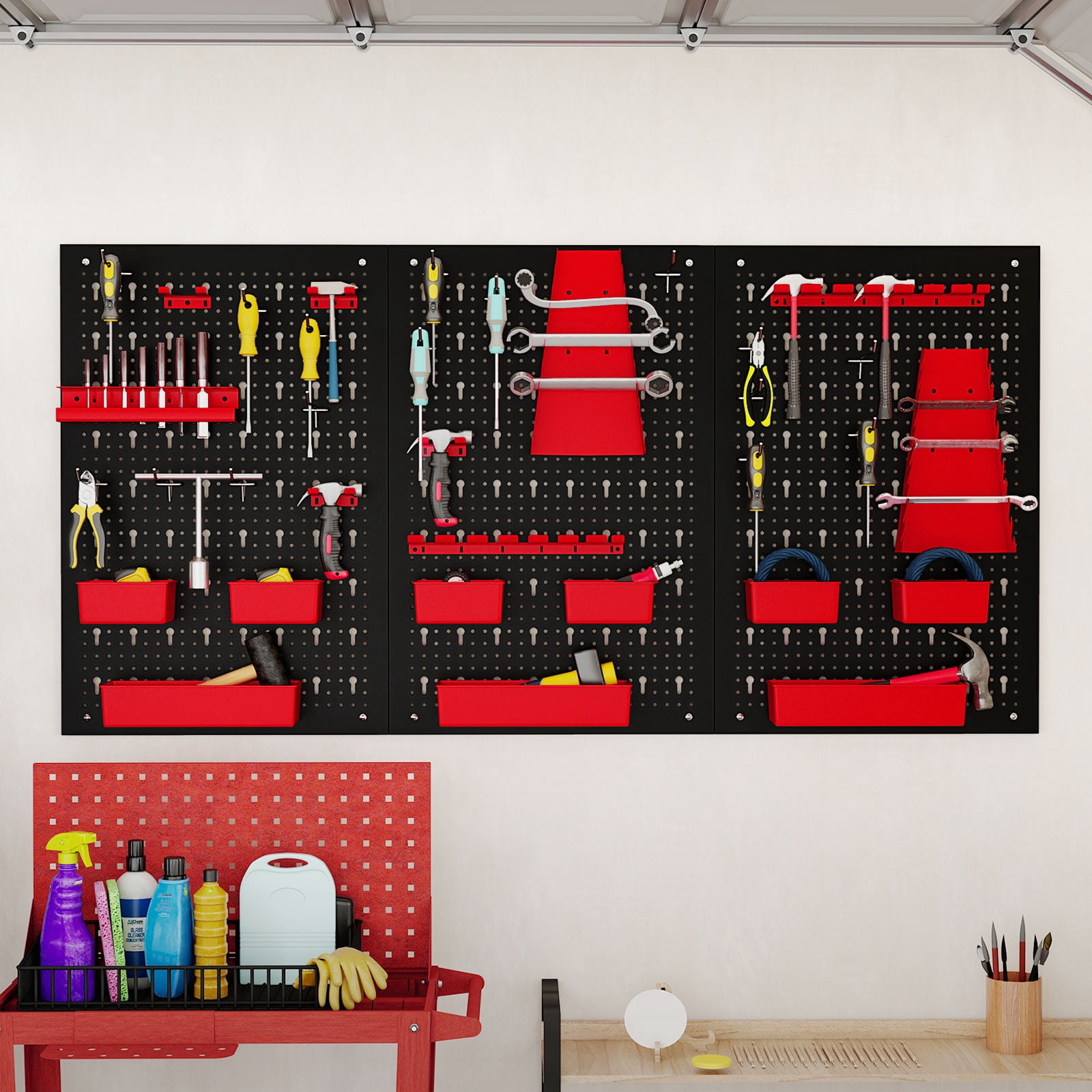 Gymax 9-Bin Parts Rack Organizer Pegboard Wall Organizer w/ Hammer Racks Tool Holders