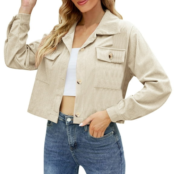 Pimfylm Plus Size Denim Jacket Light Weight Cropped Jean Jackets Lapel Button Down Long Sleeve Casual Tunic Coat Beige, S