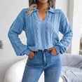 thumbnail image 3 of Suéter de punto para mujer, cuello de solapa, mangas largas de linterna, jersey de punto informal, Top para otoño, 3 of 6