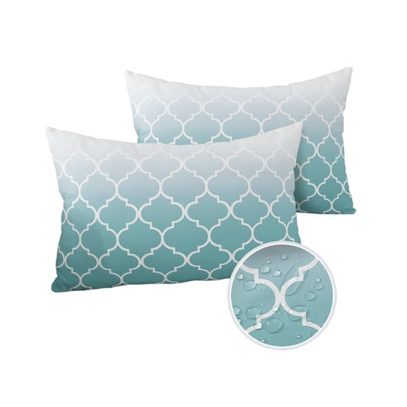 Pack of 2 Outdoor Pillow Covers, Cyan Turquoise Gradient Retro Morocco Pattern Waterproof Square Throw Pillowcase Cushion Decorative Pillow Covers for Couch Patio Tent, 20x12 in