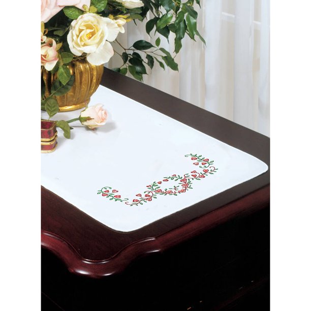 Tobin Stamped White Dresser Scarf For Embroidery, 14" x 39", Heart Vine