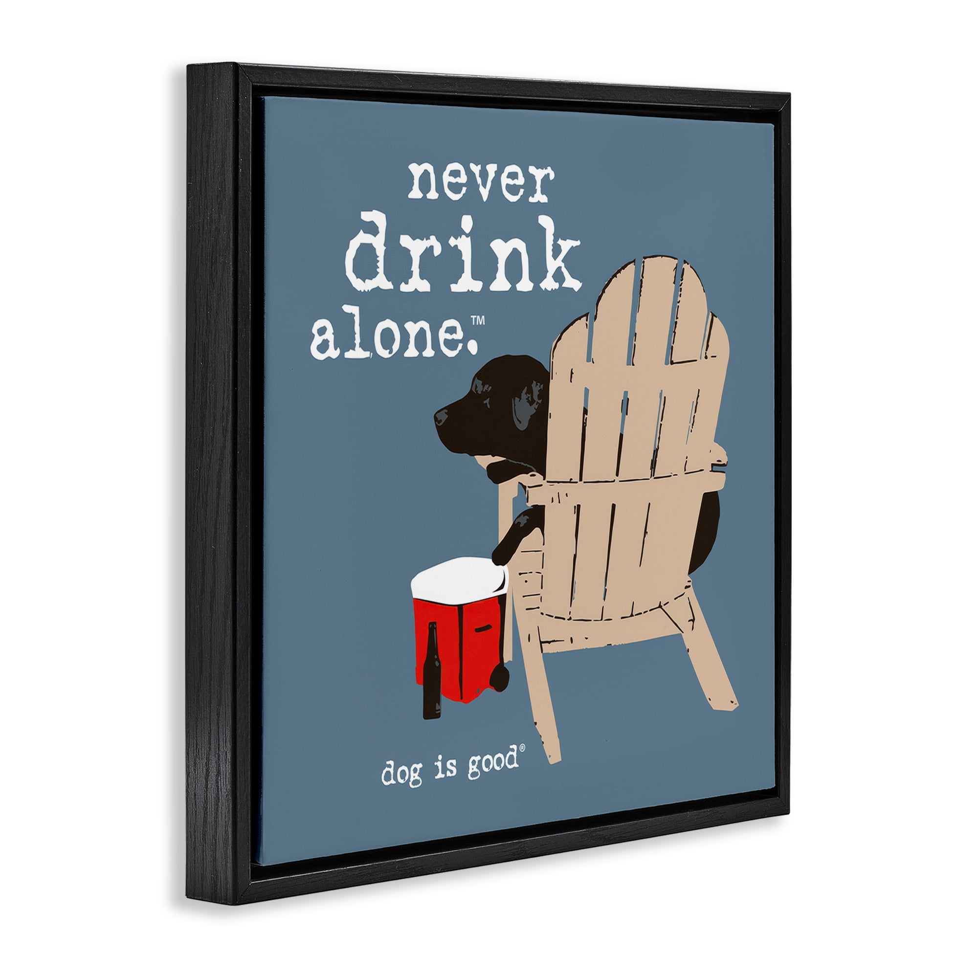 Stupell Industries Never Drink Alone Phrase Animals Painting Black Floater Framed Canvas Art Print Wall Art, 18 x 18
