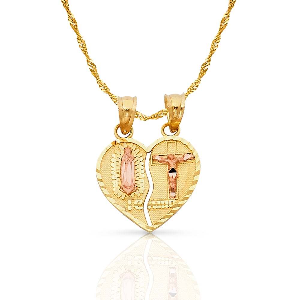 14K Yellow Gold Te Amo Heart 2 Piece Charm Pendant For Necklace or Chain Ioka