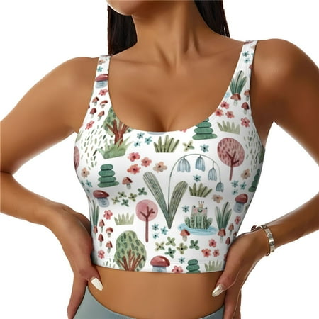 Jgfou Frog and Forest Plants Print Womens Sports Bra - Padded Workout Sports Bras Crop Tank Top