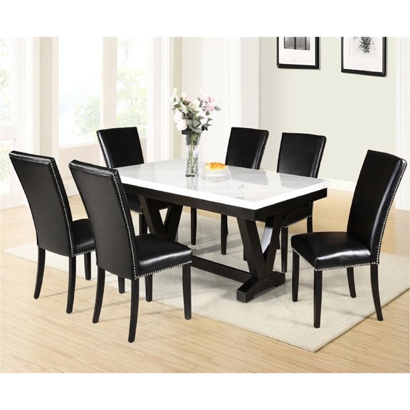 7pc Vintage Style Dining Set | Used in Dining Room Gatherings | Marble Table & Faux Leather Upholstery | Comfortable for Six