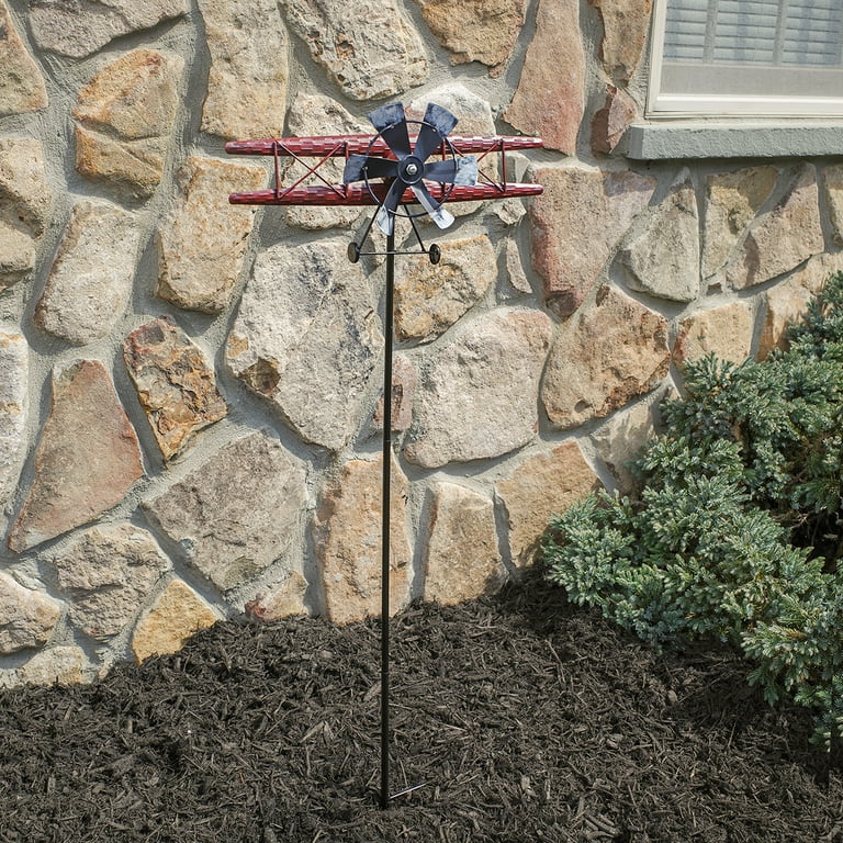 Metal Biplane Wind Spinner 3D Kinetic Yard Decor Garden Art Airplane Patio Stake Metal Biplane Wind Spinner 3D Kinetic Yard Decor Garden Art Airplane Patio Stake