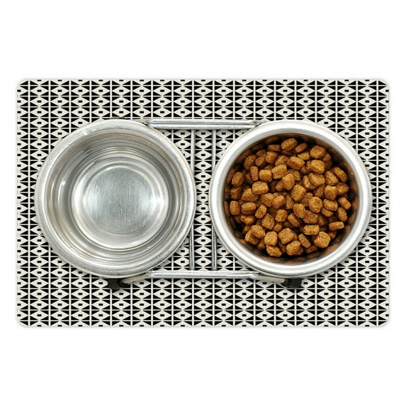 Retro Pet Mat for Food and Water, Nostalgic Monochrome Geometrical Pattern with Abstract Squares Graphic, Non-Slip Rubber Mat for Dogs and Cats, 18" X 12", by Ambesonne