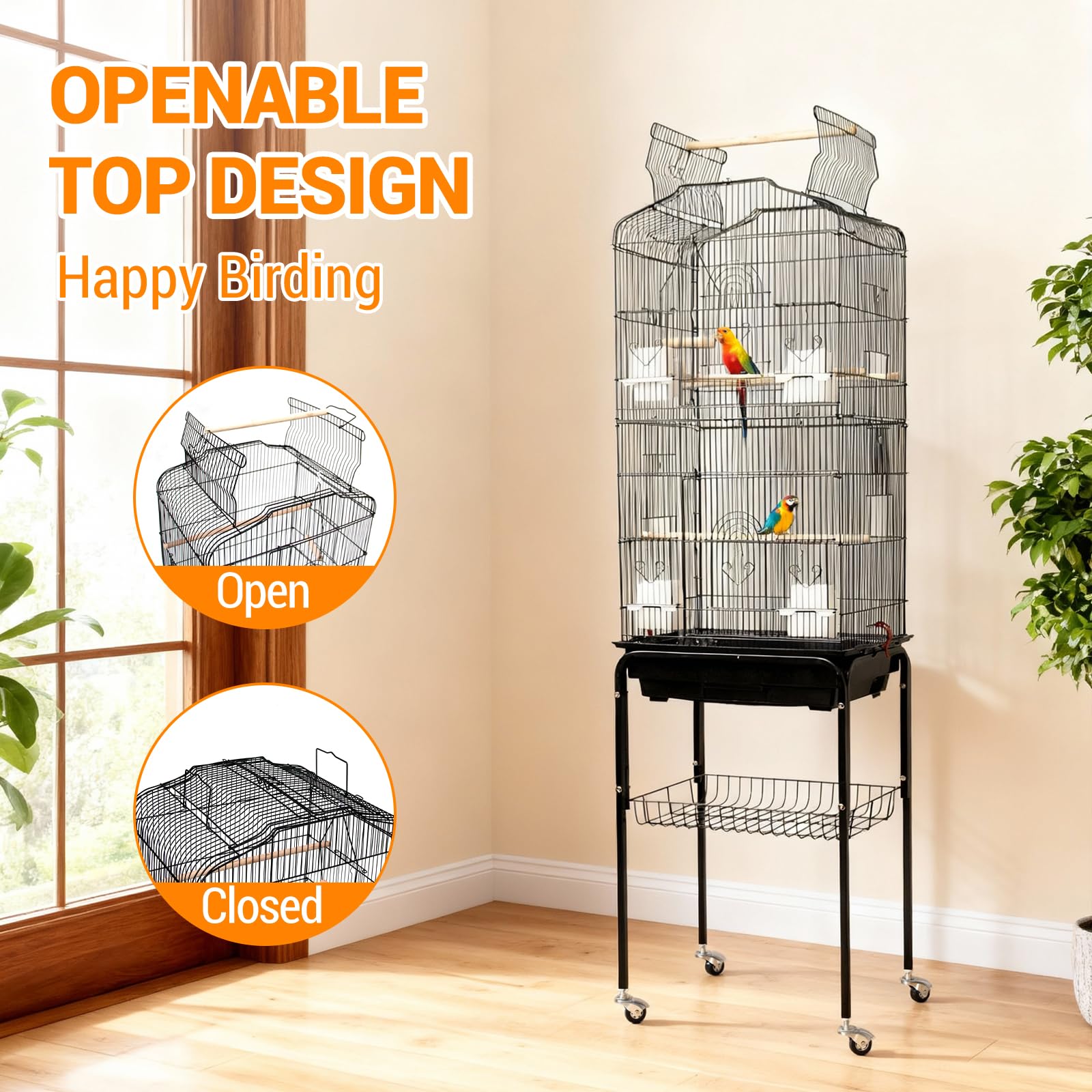 Litake Birdcage, Playtop Parrot Cage, Wrought Iron Bird Cage with Rolling Stand, Heavy-Duty Pet Bird House with Storage Shelf, Playtop Parrot Cages Heavy-Duty Pet Birds House Black