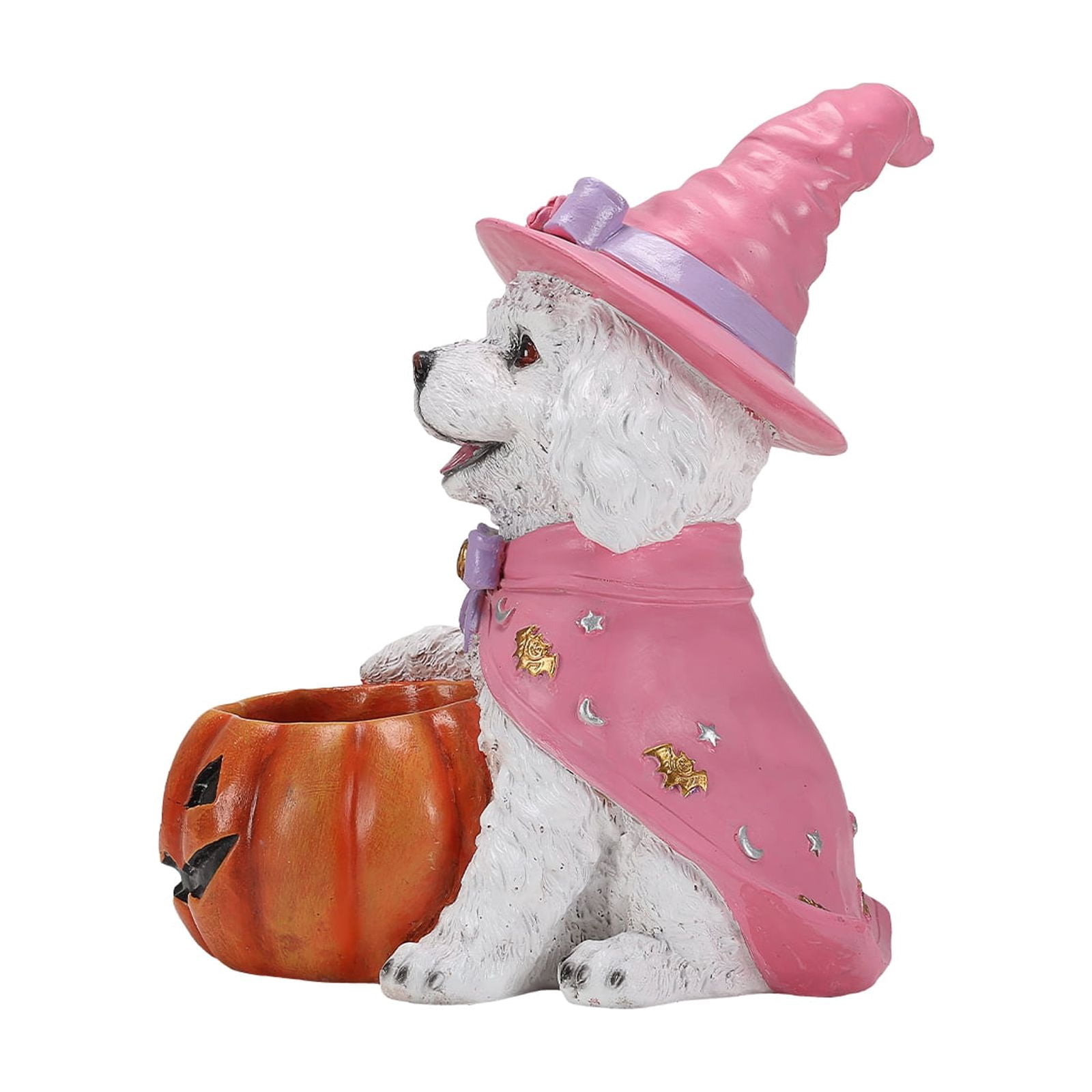 Puppy Halloween Candy Bowl with Pink Witch Hat Pumpkin Holder Resin Tabletop Decor