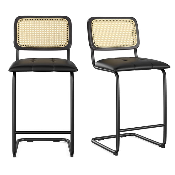 Wooden Dining Chairs, Counter Height Bar Stools Set of 2, Upholstered PU Leather Barstools with Rattan Back, 26 inch Stools Armless Bar Chairs for Kitchen Island, Black, Black Dining Chairs