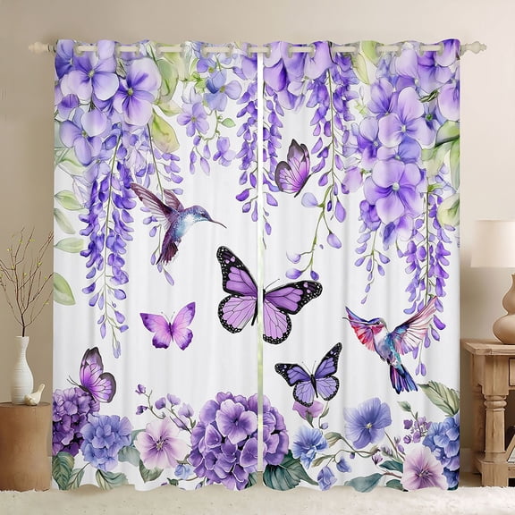 Erosebridal Puprle Buttefly Black Out Curtains for Girls, Hydrangea Flower Curtains Pack of 2 (42x63 Each)