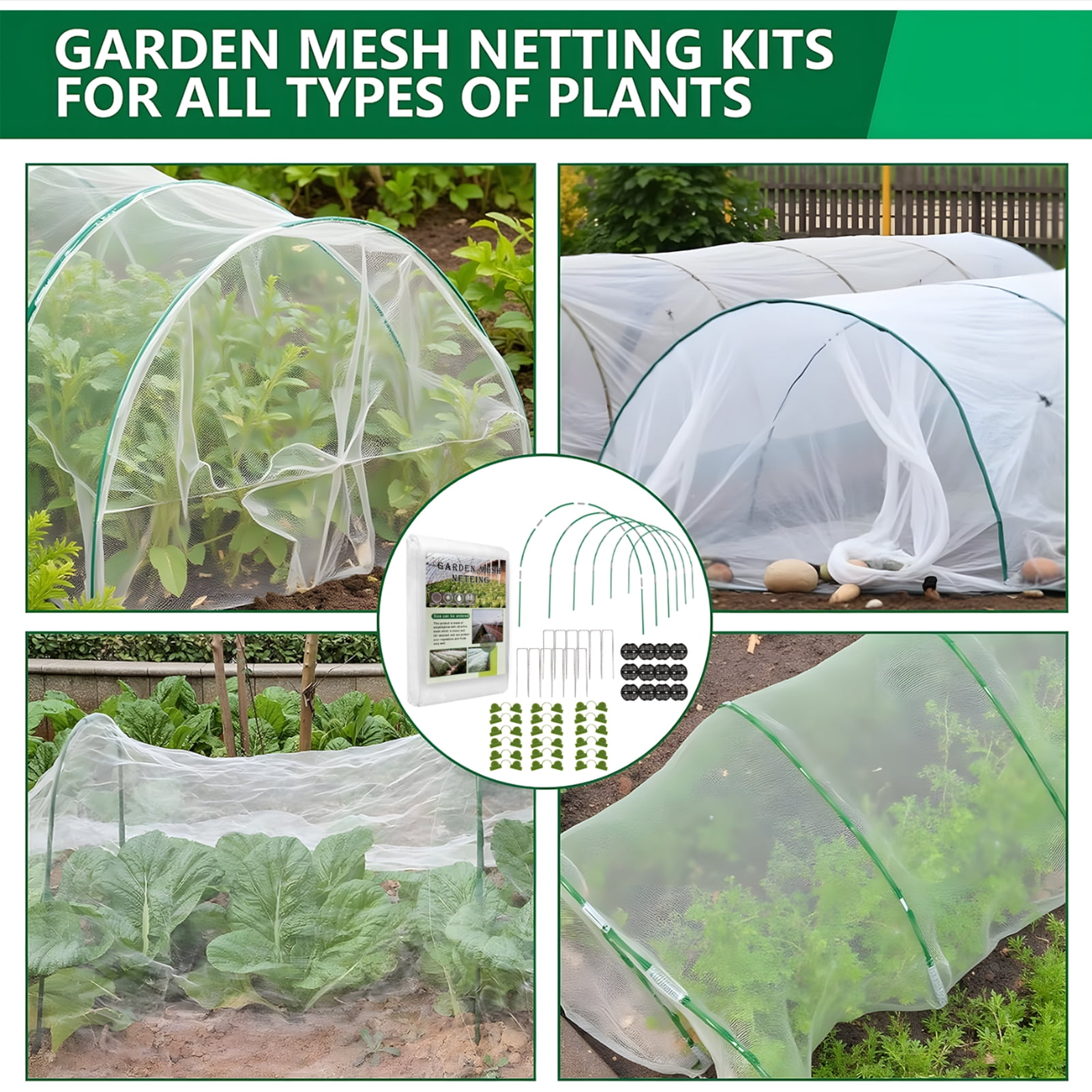 KORALAKIRI Garden Netting Kit, 10x33FT Mesh Netting, 6 Sets of Fiberglass Garden Hoops for Raised Beds, Insect Netting Row Cover, Pest Barrier Protection for Vegetable Fruits Flowers